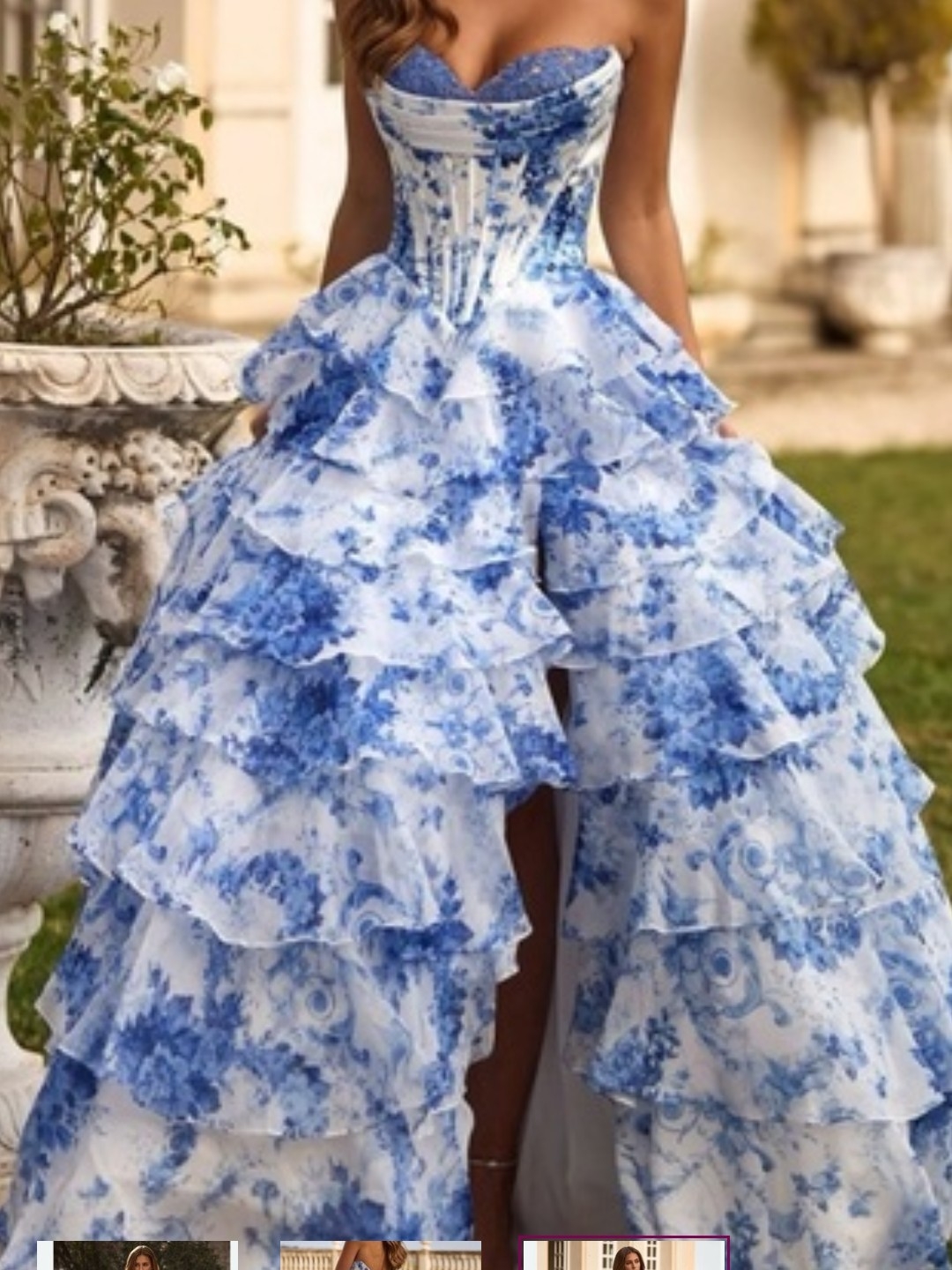 Sherri Hill Blue And White Floral Ruffled Prom Gown